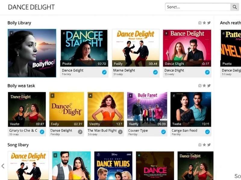 Dance Delight Bollywood song library interface showing various Bollywood tracks