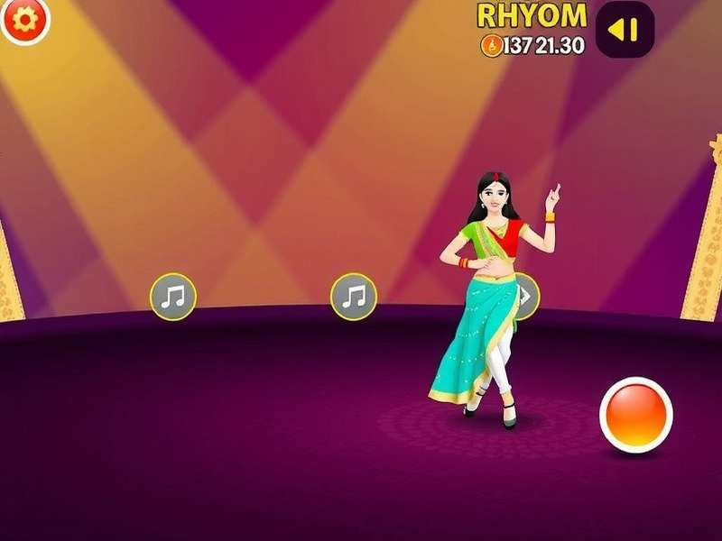 Dance Delight Bollywood gameplay screenshot showing rhythm prompts and dancer
